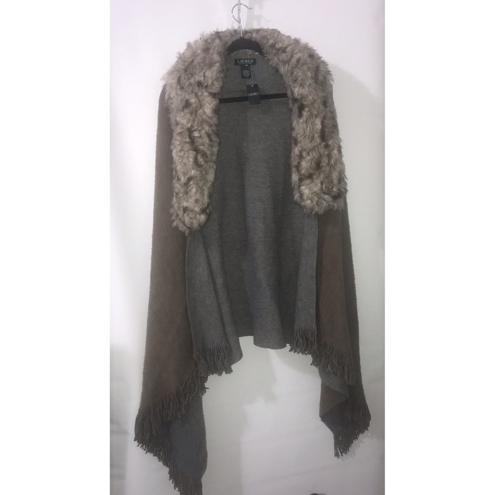 Ralph Lauren LRL Poncho‎ Women's Brown Faux Fur Cape One Size Shawl Fringe $118